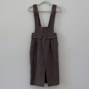 Pinafore brown tweed buckled strap midi dress